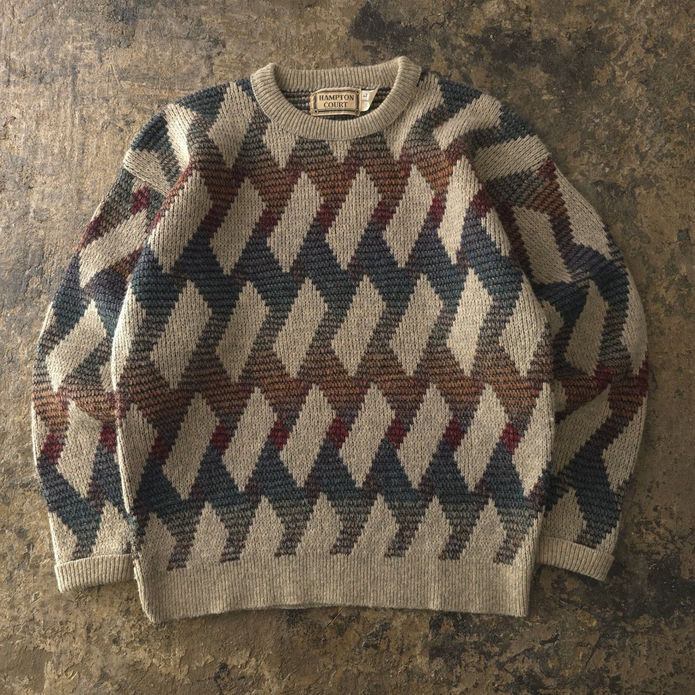Vintage 90s Hampton Court Beige Geometric Wool Blend Sweater Large USA